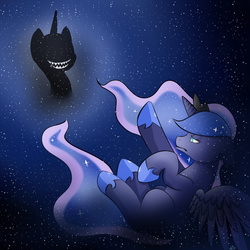 Size: 1024x1024 | Tagged: safe, artist:sellyluvsart, nightmare moon, princess luna, g4, fangs, sad, see-through, shadow, space