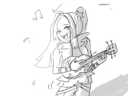 Size: 800x600 | Tagged: safe, artist:amazingpuffhair, aria blaze, equestria girls, g4, ariabetes, crying, cute, female, grayscale, guitar, happy, monochrome, music notes, musical instrument, singing, solo, ukulele