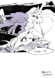 Size: 1280x1807 | Tagged: safe, artist:kuzumori, princess celestia, princess luna, tantabus, alicorn, pony, g4, black and white, female, grayscale, monochrome