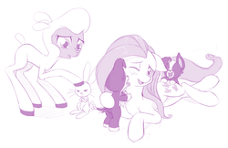 Size: 1280x829 | Tagged: safe, artist:dstears, angel bunny, fluttershy, pom (tfh), dog, lamb, pony, sheep, them's fightin' herds, g4, blushing, community related, crossover, cute, puppy, tongue out