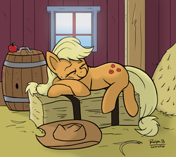 Size: 6837x6093 | Tagged: safe, artist:corsairsedge, applejack, g4, absurd resolution, apple, female, hay bale, sleeping, solo