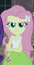 Size: 328x629 | Tagged: safe, screencap, fluttershy, equestria girls, g4, my little pony equestria girls: friendship games, female, fluttershy is not amused, pouting, stare, the stare, upset