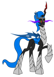 Size: 906x1299 | Tagged: safe, artist:rexlupin, king sombra, oc, oc only, oc:shade, changeling, armor, changelingified, implied reincarnation, king sombra (sort of), small head, solo, sombra eyes, sombraling, species swap