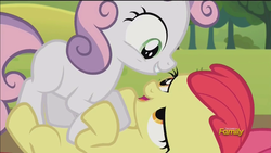 Size: 854x480 | Tagged: safe, screencap, apple bloom, sweetie belle, earth pony, pony, brotherhooves social, g4, discovery family, discovery family logo, duo, female, filly, foal, logo, out of context, tree