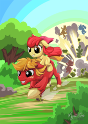 Size: 955x1351 | Tagged: safe, artist:mysticalpha, apple bloom, big macintosh, earth pony, pony, brotherhooves social, g4, explosion, floppy ears, grin, male, ponies riding ponies, riding, running, stallion, that was fast