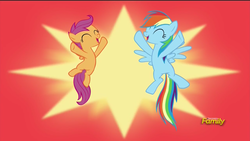 Size: 1920x1080 | Tagged: safe, screencap, rainbow dash, scootaloo, brotherhooves social, g4, victory