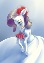 Size: 2039x2894 | Tagged: safe, artist:unousaya, rarity, pony, unicorn, semi-anthro, g4, arm hooves, clothes, dress, female, high res, horn, horn ring, jabot, mare, red neckwear, solo, wedding dress