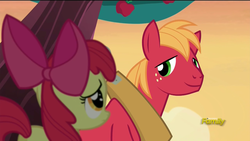 Size: 1920x1080 | Tagged: safe, screencap, apple bloom, big macintosh, earth pony, pony, brotherhooves social, g4, brother and sister, male, stallion, sunset