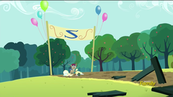 Size: 1920x1080 | Tagged: safe, screencap, showtime, brotherhooves social, g4, balloon, bouquet, denied