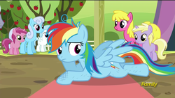 Size: 1920x1080 | Tagged: safe, screencap, cherry berry, cotton cloudy, dinky hooves, linky, rainbow dash, royal riff, ruby pinch, shoeshine, pegasus, pony, brotherhooves social, g4, female, filly, foal, mare