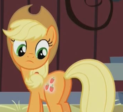 Size: 353x320 | Tagged: safe, screencap, applejack, earth pony, pony, brotherhooves social, g4, booty call, butt, cropped, cutie mark, female, glowing cutie mark, mare, out of context, plot, solo
