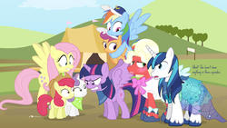 Size: 1560x880 | Tagged: safe, artist:dm29, apple bloom, big macintosh, fluttershy, rainbow dash, scootaloo, shining armor, sweetie belle, twilight sparkle, alicorn, pony, brotherhooves social, g4, sisterhooves social, angry, breaking the fourth wall, clothes, crossdressing, cutie mark crusaders, dress, female, frown, glare, gritted teeth, hug, mare, orchard blossom, princess dress, scared, spread wings, that was fast, twilight sparkle (alicorn), unamused, wide eyes