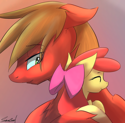 Size: 1471x1447 | Tagged: safe, artist:sakuracheetah, apple bloom, big macintosh, earth pony, pony, g4, eyes closed, female, filly, foal, hug, male, siblings, smiling, stallion