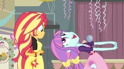 Size: 3209x1789 | Tagged: safe, alternate version, artist:xebck, sunny flare, sunset shimmer, equestria girls, g4, my little pony equestria girls: friendship games, adoraflare, alternate clothes, alternate hairstyle, alternate universe, cute, pigtails, scene interpretation, smiling, vector