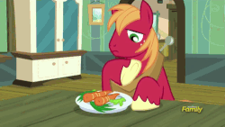 Size: 500x281 | Tagged: safe, screencap, big macintosh, pony, walrus, brotherhooves social, g4, animated, carrot, discovery family, discovery family logo, eyebrow wiggle, lettuce, male, plate, silly, silly pony, solo, stallion, vegetables