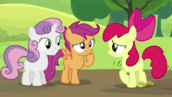 Size: 500x281 | Tagged: safe, screencap, apple bloom, scootaloo, sweetie belle, earth pony, pegasus, pony, unicorn, brotherhooves social, g4, animated, behaving like a dog, cute, cutie mark crusaders, discovery family, discovery family logo, female, filly, gif, glomp, lying down, on back, out of context, pounce, shipping fuel, tigger, tree, winnie the pooh