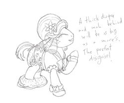 Size: 1200x1000 | Tagged: safe, artist:datspaniard, big macintosh, earth pony, pony, brotherhooves social, g4, bloomers, crossdressing, diaper, male, monochrome, non-baby in diaper, orchard blossom, poofy diaper, silly, solo, stallion, that was fast