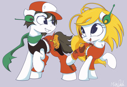 Size: 2845x1959 | Tagged: dead source, safe, artist:mistydash, pony, cave story, clothes, curly brace, cute, duo, gun, hat, headphones, ponified, quote (cave story), scarf, weapon