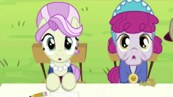 Size: 500x281 | Tagged: safe, screencap, mulberry silk, rosetta, showtime, earth pony, pony, brotherhooves social, g4, :o, animated, chair, clothes, cute, discovery family, discovery family logo, female, grin, hat, head tilt, jewelry, looking at you, looking up, male, mare, necklace, old, open mouth, pearl necklace, pencil, sitting, smiling, stallion, table
