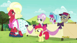 Size: 500x281 | Tagged: safe, screencap, apple bloom, big macintosh, mulberry silk, rosetta, showtime, earth pony, pony, brotherhooves social, g4, animated, bloomers, butt, crossdressing, destruction, discovery family, discovery family logo, female, filly, male, orchard blossom, plot, stallion, table