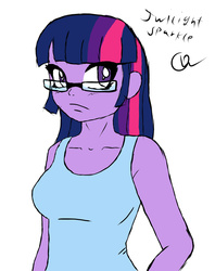 Size: 1024x1295 | Tagged: dead source, safe, artist:owlisun, twilight sparkle, equestria girls, g4, drawing, female, glasses, looking at you, simple background, solo, white background