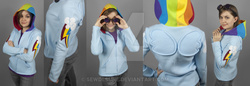 Size: 2506x864 | Tagged: safe, artist:sewdesune, rainbow dash, human, g4, clothes, cosplay, costume, goggles, hoodie, irl, irl human, photo
