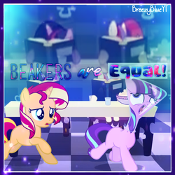 Size: 1000x1000 | Tagged: dead source, safe, artist:breezyblueyt, edit, moondancer, starlight glimmer, sunset shimmer, twilight sparkle, pony, unicorn, beaker, book, counterparts, cute, erlenmeyer flask, female, filly, filly moondancer, filly starlight glimmer, filly sunset shimmer, filly twilight sparkle, flaskhead hearts, foal, funny, magical quartet, running, twilight's counterparts, worried, younger