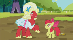 Size: 568x318 | Tagged: safe, screencap, apple bloom, big macintosh, earth pony, pony, brotherhooves social, g4, animated, animation error, caught, clothing damage, crossdressing, discovery family, discovery family logo, floppy ears, frown, male, orchard blossom, raised hoof, smiling, stallion, uh oh, wardrobe malfunction, wide eyes