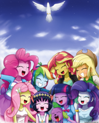 Size: 1102x1370 | Tagged: safe, artist:the-butch-x, applejack, fluttershy, pinkie pie, rainbow dash, rarity, spike, sunset shimmer, twilight sparkle, oc, oc:cassey, dog, dove, human, equestria girls, g4, clothes, cowboy hat, cute, discussion in the comments, eyes closed, grin, happy, hat, heaven, holy spirit, humane five, humane seven, humane six, jacket, leather jacket, open mouth, religion in the comments, skirt, smiling, spike the dog, stetson