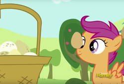 Size: 1056x718 | Tagged: safe, screencap, scootaloo, pegasus, pony, brotherhooves social, g4, basket, cute, cutealoo, discovery family logo, egg, female, filly, foal, scootachicken, smiling, solo