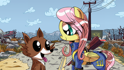 Size: 1400x788 | Tagged: safe, artist:daniel-sg, fluttershy, winona, pony, g4, clothes, crossover, fallout, fallout 4, female, mare, parody
