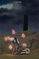 Size: 1320x2000 | Tagged: safe, artist:1jaz, oc, oc only, pony, unicorn, 2001: a space odyssey, bottle, desert, glowing horn, horn, looking at something, magic, monolith, overcast, sitting, solo, telekinesis