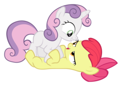 Size: 2999x2125 | Tagged: safe, artist:sollace, apple bloom, sweetie belle, earth pony, pony, unicorn, brotherhooves social, g4, bedroom eyes, cute, duo, female, filly, foal, high res, lesbian, on back, open mouth, out of context, ship:sweetiebloom, shipping, show accurate, simple background, transparent background, vector