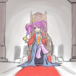 Size: 900x900 | Tagged: artist needed, safe, oc, oc only, oc:venus, satyr, bow (weapon), clothes, dress, offspring, parent:oc:anon, parent:princess cadance, solo, throne