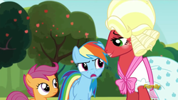 Size: 1077x604 | Tagged: safe, screencap, big macintosh, rainbow dash, scootaloo, earth pony, pony, brotherhooves social, g4, bloomers, clothes, crossdressing, dress, makeup, male, orchard blossom, stallion, wig