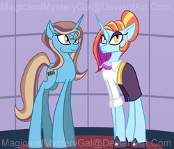 Size: 1000x860 | Tagged: safe, artist:magicandmysterygal, sassy saddles, oc, oc:news flash, g4, alternate hairstyle, clothes, earring, mother and daughter, necklace, offspring, parent:fashion plate, parent:sassaflash, parents:sassaplate, piercing, shirt, shoes, skirt