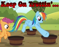 Size: 1239x986 | Tagged: safe, screencap, rainbow dash, scootaloo, pegasus, pony, brotherhooves social, g4, bucket, duo, great moments in animation, image macro, impossibly large hooves, keep on truckin', meme
