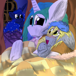 Size: 1024x1024 | Tagged: safe, artist:firefanatic, derpy hooves, princess celestia, princess luna, pegasus, pony, g4, bed, cuddling, female, fever, fluffy, ice pack, mare, snuggling