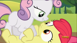 Size: 1600x900 | Tagged: safe, screencap, apple bloom, sweetie belle, earth pony, pony, unicorn, brotherhooves social, g4, duo, female, filly, foal, looking at each other, looking at someone, lying down, on back, out of context