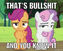 Size: 750x604 | Tagged: safe, screencap, scootaloo, sweetie belle, brotherhooves social, g4, caption, reaction image