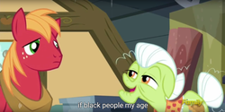 Size: 1915x960 | Tagged: safe, edit, edited screencap, screencap, big macintosh, granny smith, earth pony, pony, brotherhooves social, g4, caption, female, male, mare, meme, stallion, text, youtube caption