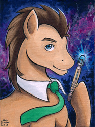 Size: 450x600 | Tagged: safe, artist:aokibengal, doctor whooves, time turner, earth pony, pony, g4, doctor who, hoof hold, male, solo, sonic screwdriver, stallion, traditional art