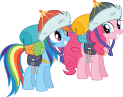 Size: 12097x9544 | Tagged: safe, artist:gen-ma, pinkie pie, rainbow dash, earth pony, pegasus, pony, g4, the lost treasure of griffonstone, .svg available, absurd resolution, bags, cute, dashabetes, diapinkes, duo, equipment, female, hat, looking at each other, mare, mongolian shepherd hat, simple background, smiling, transparent background, vector