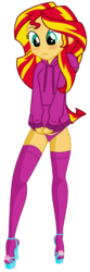 Size: 500x1500 | Tagged: safe, artist:rexpony, artist:yanoda, edit, sunset shimmer, equestria girls, g4, blushing, clothes, covering, embarrassed, embarrassed underwear exposure, female, high heels, panties, pink underwear, show accurate, simple background, socks, solo, sweater, thigh highs, transparent background, underwear, vector