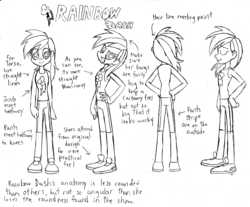 Size: 2966x2456 | Tagged: safe, artist:trinityinyang, rainbow dash, human, g4, female, high res, humanized, monochrome, reference sheet, solo, traditional art