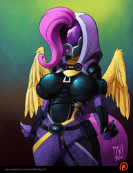 Size: 791x1024 | Tagged: safe, artist:zwitterkitsune, fluttershy, quarian, anthro, g4, breasts, busty fluttershy, clothes, costume, crossover, eezo is magic, face not visible, female, mass effect, my waifus have fused, patreon, solo, spread wings, tali'zorah vas normandy