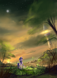 Size: 1600x2200 | Tagged: dead source, safe, artist:shamanguli, twilight sparkle, duck, pony, unicorn, g4, beach, dutch angle, female, lighthouse, scenery, solo, sunset, unicorn twilight