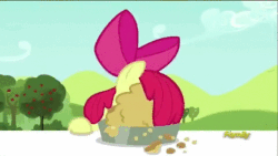 Size: 480x270 | Tagged: safe, screencap, apple bloom, earth pony, pony, brotherhooves social, g4, season 5, adorabloom, animated, cute, discovery family logo, eating, female, filly, foal, gif, licking, messy eating, open mouth, pie, smiling, solo, tongue out