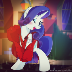 Size: 1000x1000 | Tagged: safe, artist:ruhisu, rarity, pony, unicorn, g4, bedroom eyes, bipedal, blushing, building, clothes, covering, dress, female, jewelry, looking at you, manehattan, mare, marilyn monroe, open mouth, patreon, red dress, skirt, smiling, solo, standing, street, the seven year itch, vent, wink