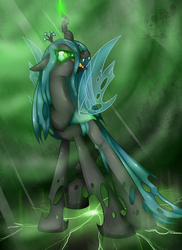 Size: 1700x2338 | Tagged: safe, artist:bloody-pink, queen chrysalis, changeling, changeling queen, g4, crown, female, glowing eyes, glowing horn, horn, jewelry, regalia, solo